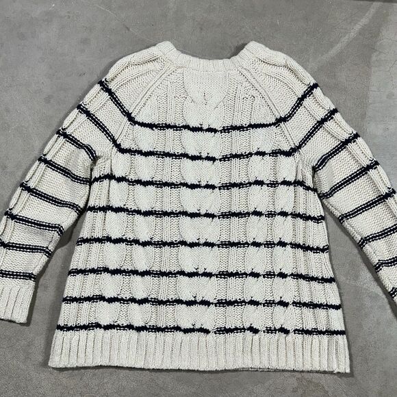 J Jill Sweater Womens Large Ivory Blue Stripe Cable Knit Nautical Crew Neck - Picture 9 of 9